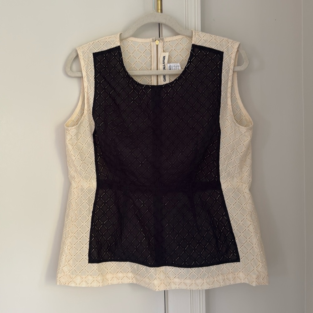 Caron Callahan Black and Cream Eyelet Peplum Cotton Top